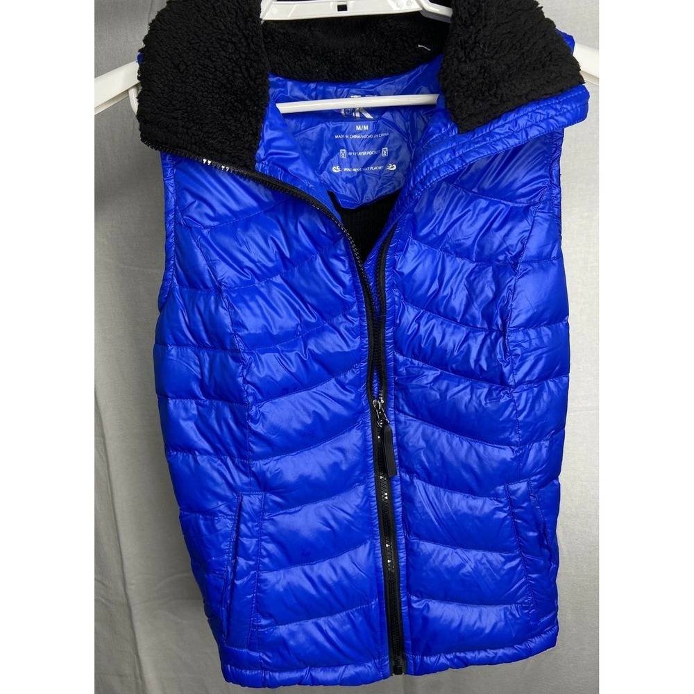 Calvin Klein Womens Puffer Down Vest Medium Blue Black Wind Resistant Pockets